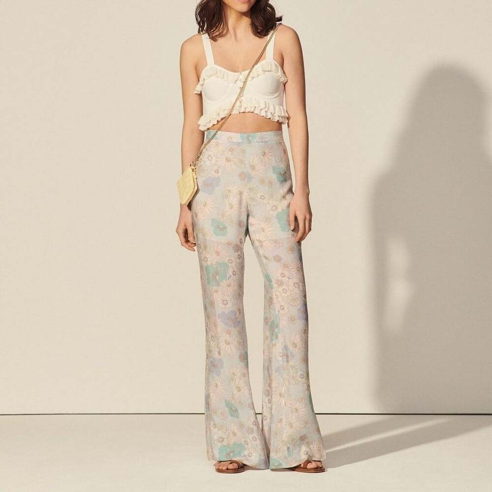 Sandro Lucius Flower-Print Flared Trousers Blue Floral